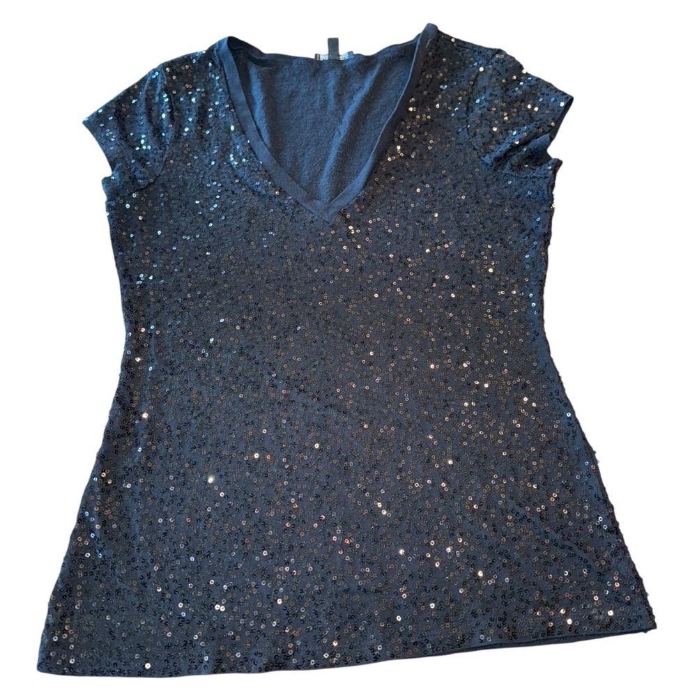 Express Women’s Black  Sequin V Neck Tee Shirt Top Short Sleeve Size XS
